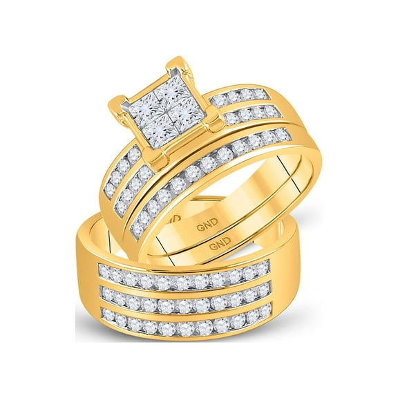 10kt Yellow Gold His Hers Princess Diamond Cluster Matching Wedding Set 1-5/8 Cttw