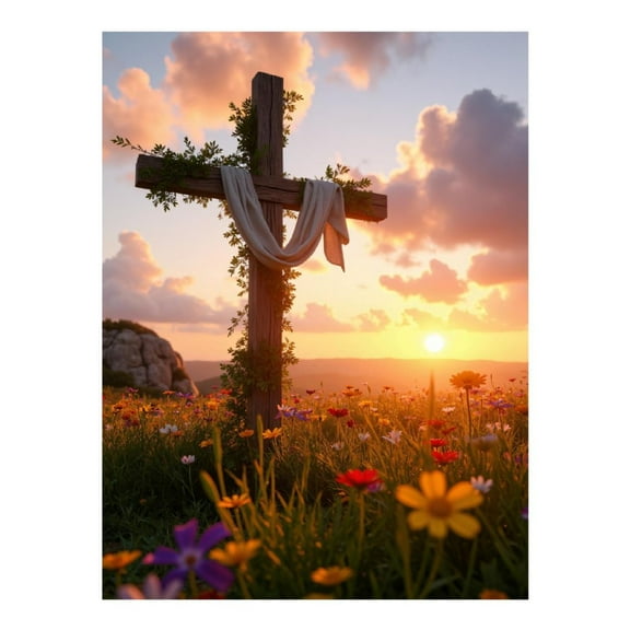 Diamond Art Kit for Adults, Sunset Meadow Wooden Cross Blossoms Diamond Painting for Adults Beginners, 5D DIY Diamond Art Painting Kits, Colorful Diamond Painting Craft for Home Decor 12x16