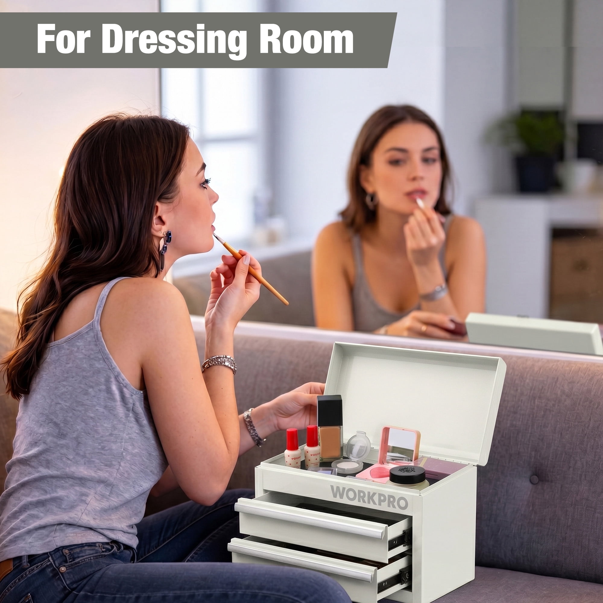 WORKPRO Mini Metal Tool Box with 2 Drawers and Top Storage, Small Tool Chest with PVC Liners and PP Feet Pads, Cold Rolled Steel Toolbox with Magnetic Tab,White