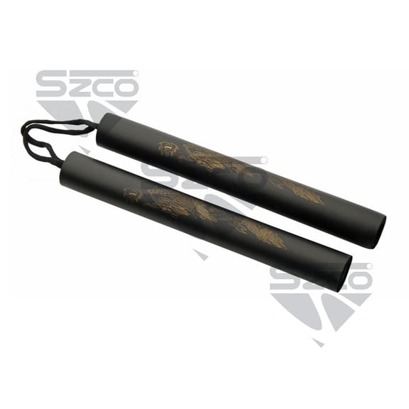 SZCO 10" Black Foam Nunchucks with Gold Dragon Decal, Lightweight Padded Design with , Decorative Prop