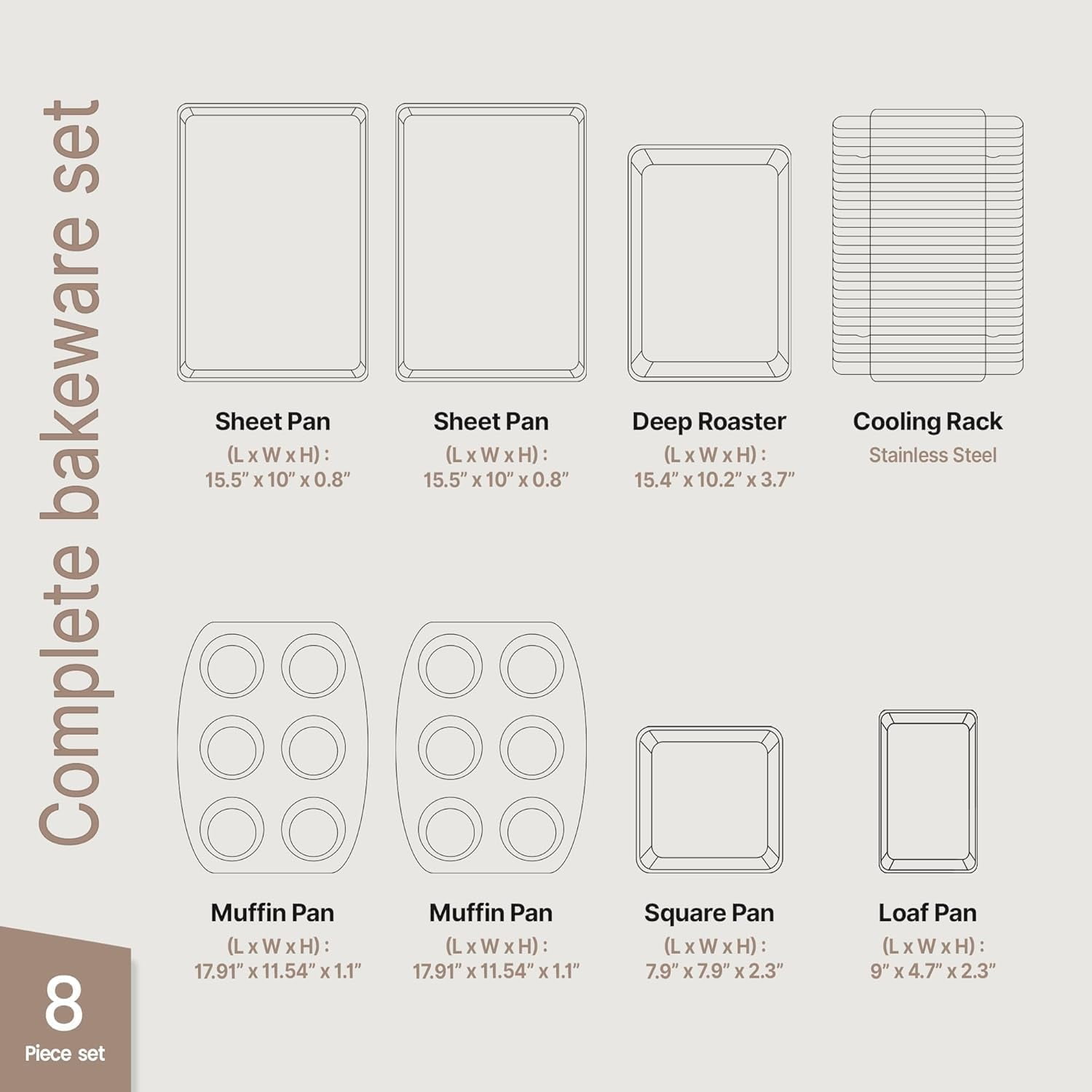 Bakken 8-Piece Ceramic Coated Bakeware Set, Nonstick Aluminized Steel, Oven Safe 500°F, Dishwasher Safe