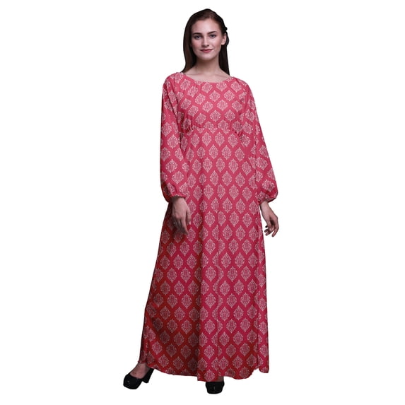 Bimba Polyester Georgette Stencil Damask Print Women’s Long Elastic Waist Casual Summer Maxi Dress-X-Large