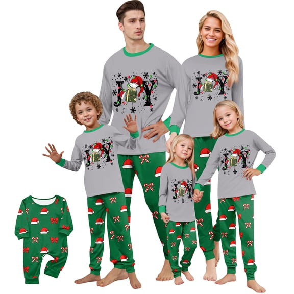 Onlypjs Matching Family Christmas Pajamas Set Joy Letter Santa Hat Print Gray Green Sleepwear Holiday Loungewear for Couples, Women and Men