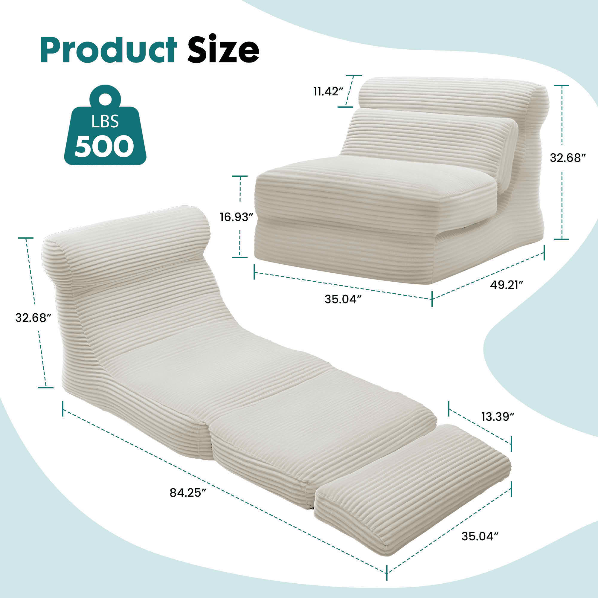 MAYEERTY 3-in-1 Sofa Bed - Corduroy, Quick Setup, Lumbar Support, Compact Space Friendly