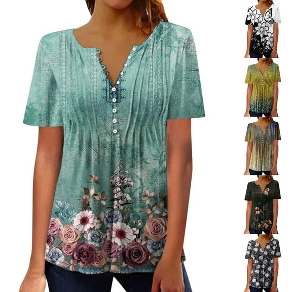 Jacenvly 2024 new plus size womens clothes Leisure Women Casual Print Loose Short Sleeve Top Blouse Pullover soft Floral Ruffle Trim Flouncev neck t shirts t-shirts womens summer Army Green