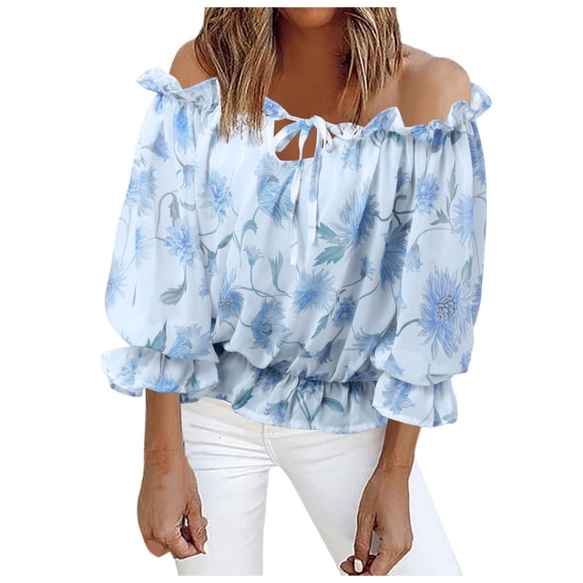 Tiweut Blouses Women Tops Off the Shoulder Boho Print Ruffled 3/4 Sleeve Round Neck Lady Tees Blue