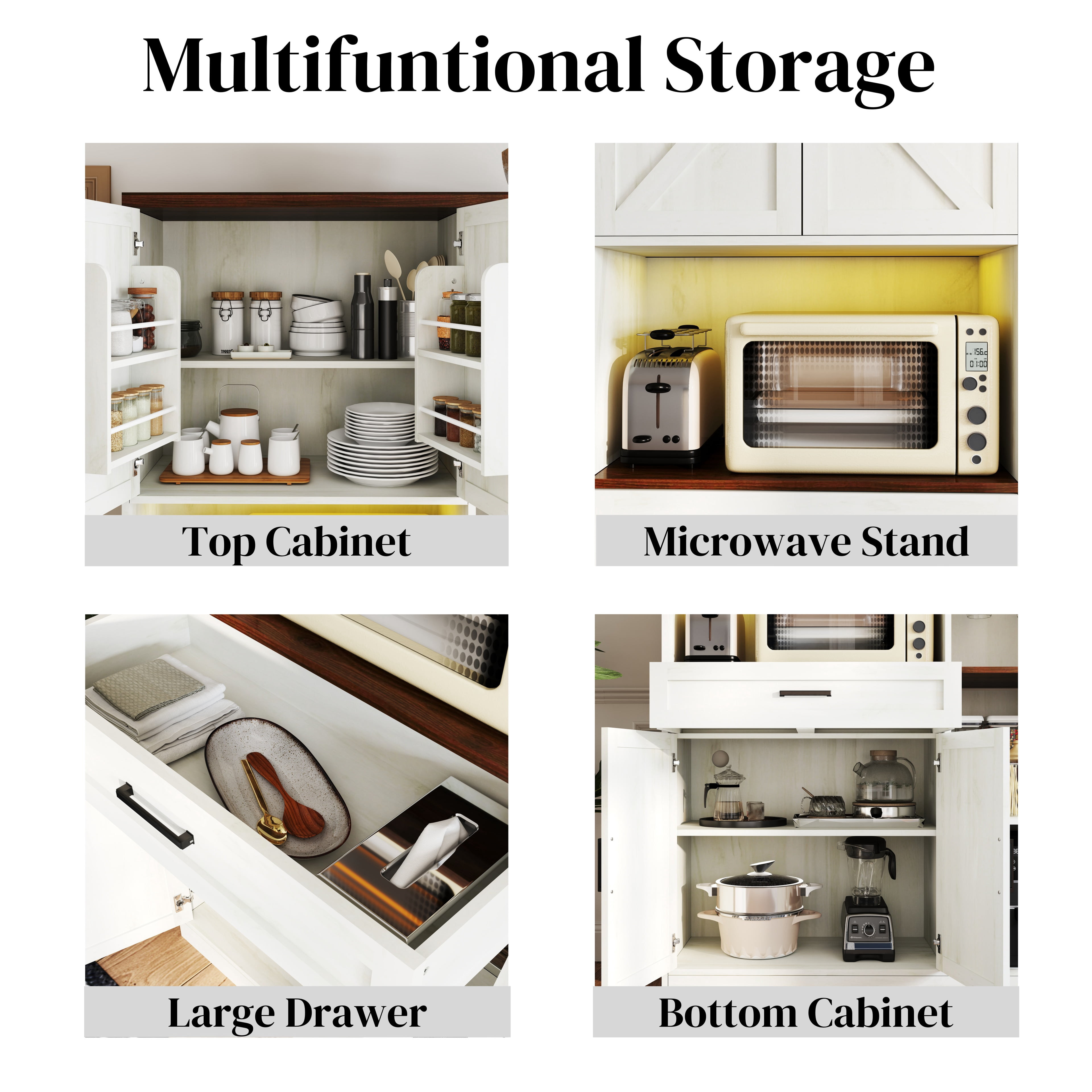TrumanPick 71" Farmhouse Kitchen Pantry Cabinet with Lights and Charging Station, Coffee Bar Cabinet, Adjustable Shelves, Buffet for Kitchen and Dining Room,White