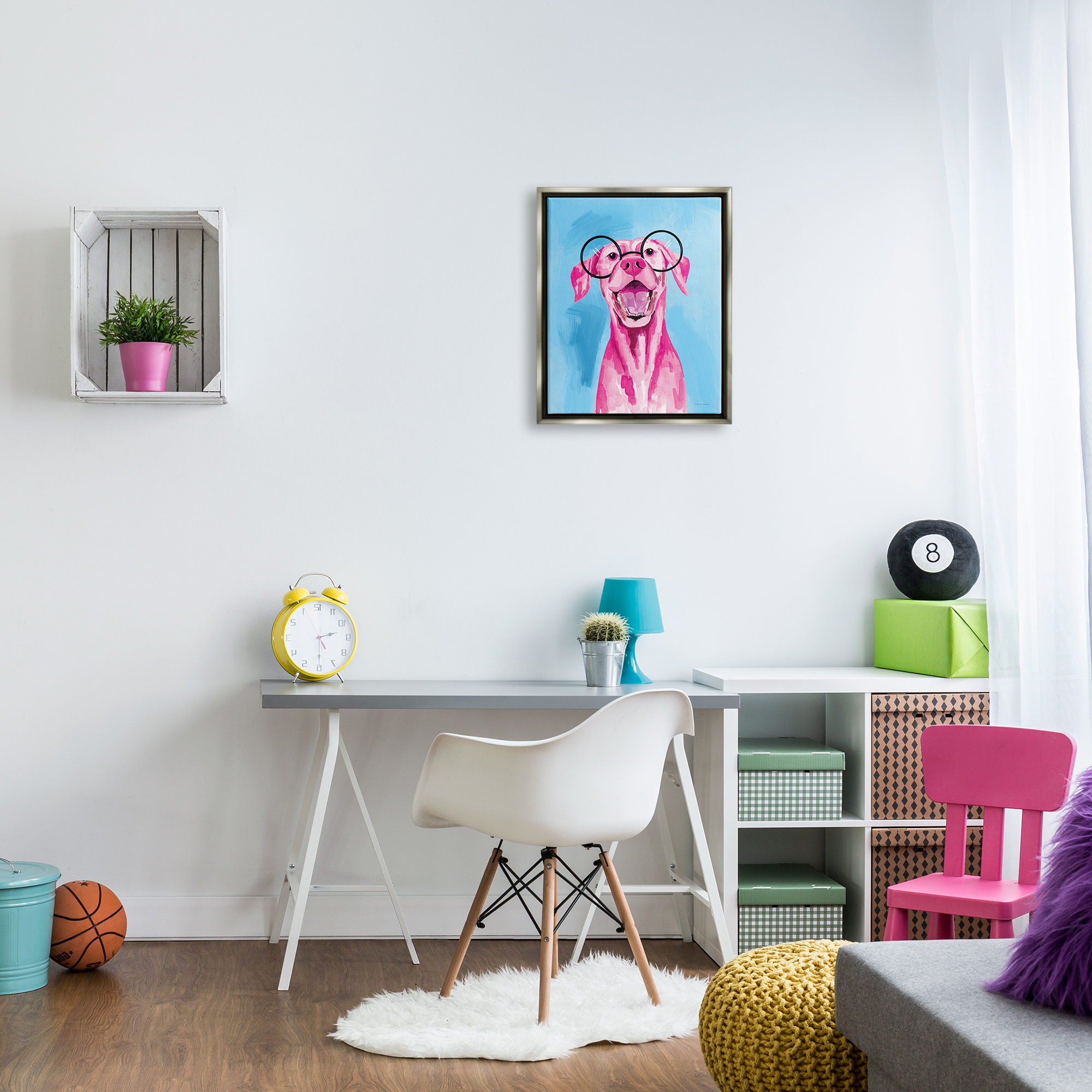 Stupell Industries Pink & Blue Happy Dog Animals & Insects Painting Gray Floater Framed Art Print Wall Art, 17 x 21