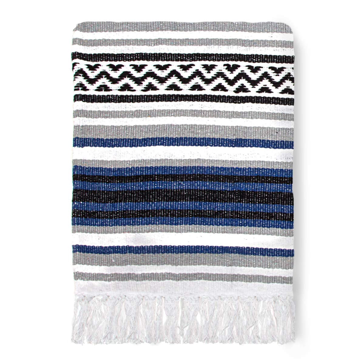 Americanflat Authentic Mexican Yoga Blanket - Soft Woven Cotton and Polyester Falsa Blanket in Blue Striped
