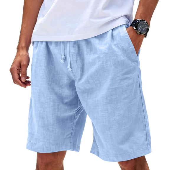 Havenx Men's Linen Flat Front Shorts Drawstring Elastic Waist Shorts with Pockets Solid Color Pants Stretch Lightweight Fashion Loose Fit Summer Beach Dress,Light Blue 3XL
