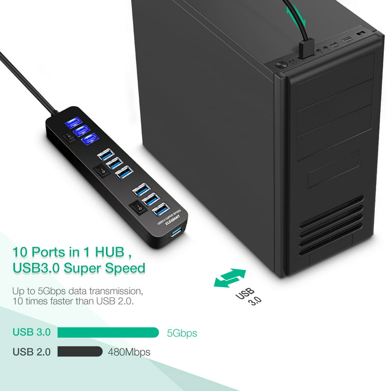 Powered 10 Port USB 3.0 Hub with Individual Switch and AC Adapter