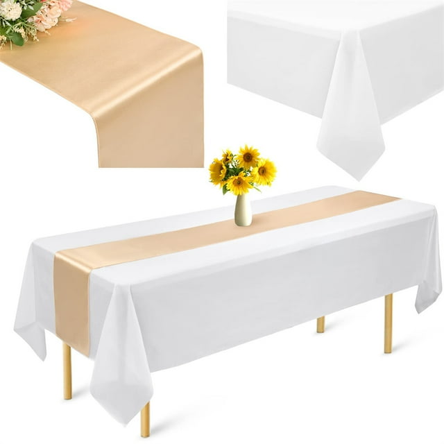 Pesonlook Tablecloth Table Runner Set Disposable White Tablecloths Waterproof Table Cover 54 x 108 Inch Champagne Gold Satin Table Runner 12 x 108 Inch for Wedding Birthday Table Decorations