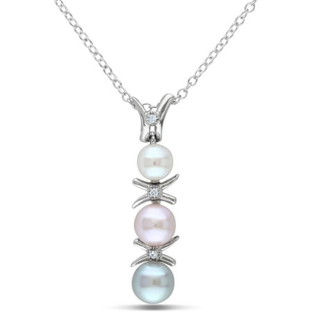 Freshwater Multi-color Pearl and Diamond-Accent Sterling Silver Journey Pendant, 18