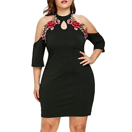 E-SCENERY 2019 New Womens Plus Size Escenery Flower Embroidery Keyhole Half Sleeve Mini Dresses (Black, Xxlarge) - Walmart.com - Walmart.com