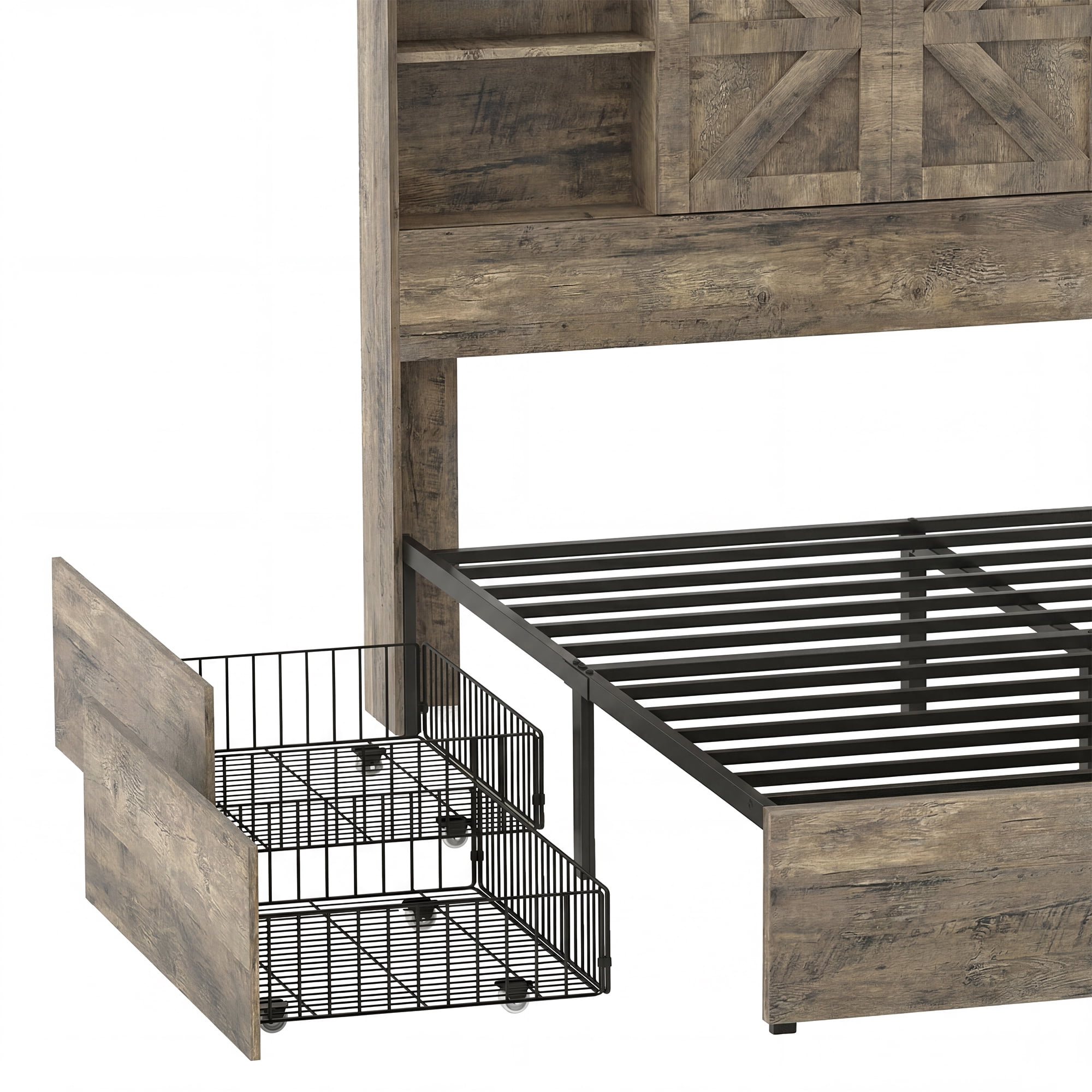 Uforic Queen Size Farmhouse Platform Bed Frame with Sliding Barn Door, 4 Wheeled Underbed Storage Drawers, No Box Spring Required, Antique Grey