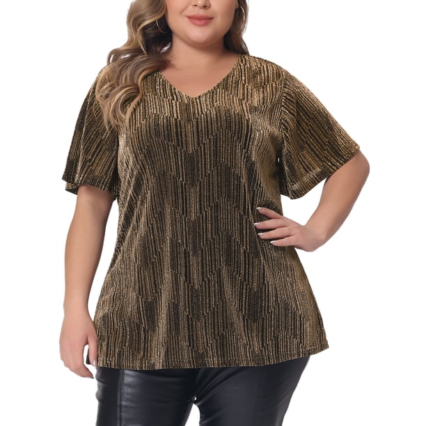 Blusas de mujer de tallas grandes Agnes Orinda, camiseta de manga corta con escote en V metálico, tops para fiestas 4X dorados