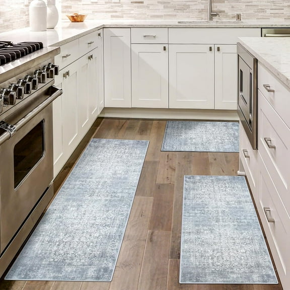 Kitchen Rugs Sets of 3 Boho Kitchen Rugs and Mats Non Slip Washable Rugs Set for Kitchen Laundry Room Entryway Light Grey