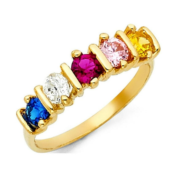 CZ Five Stone Ring Solid 14k Yellow Gold Fashion Band Multi Color CZ Stylish Polished Fancy, Size 7