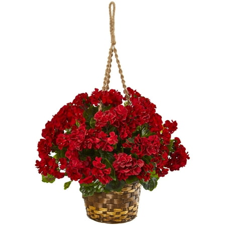 Nearly Natural 19 in. Geranium Hanging Basket Artificial Plant UV Resistant