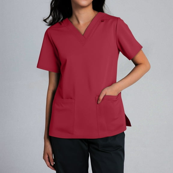 DIFUOUWE Scrubs for Women Workwear Core Stretch V-Neck Top, Soft Brushed Twill with Pockets - L