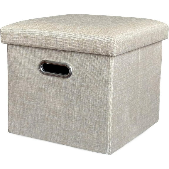 12 Inches Folding Ottoman with Storage Linen Fabric Foot Stool Storage Thick Sponge Padded Seat Ottoman for Bedroom Living Room(Beige)
