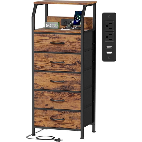 5 Drawer Dresser with Charging Station in Rustic Brown