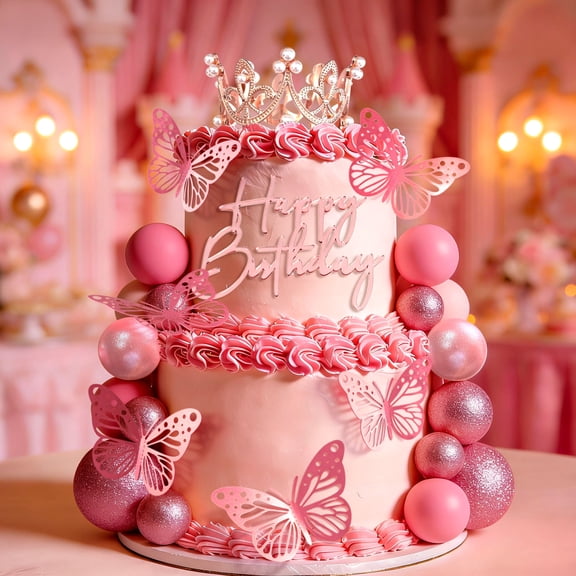 Pink Princess Dream Cake Decoration Set - Crown Butterflies & Confetti Balls for Birthday & Party Decor