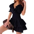 thumbnail image 1 of Fortune Femmes Chaîne V Cou Robe Puff Manches Froncées Taille Haute Volant Mini Robe, 1 of 6