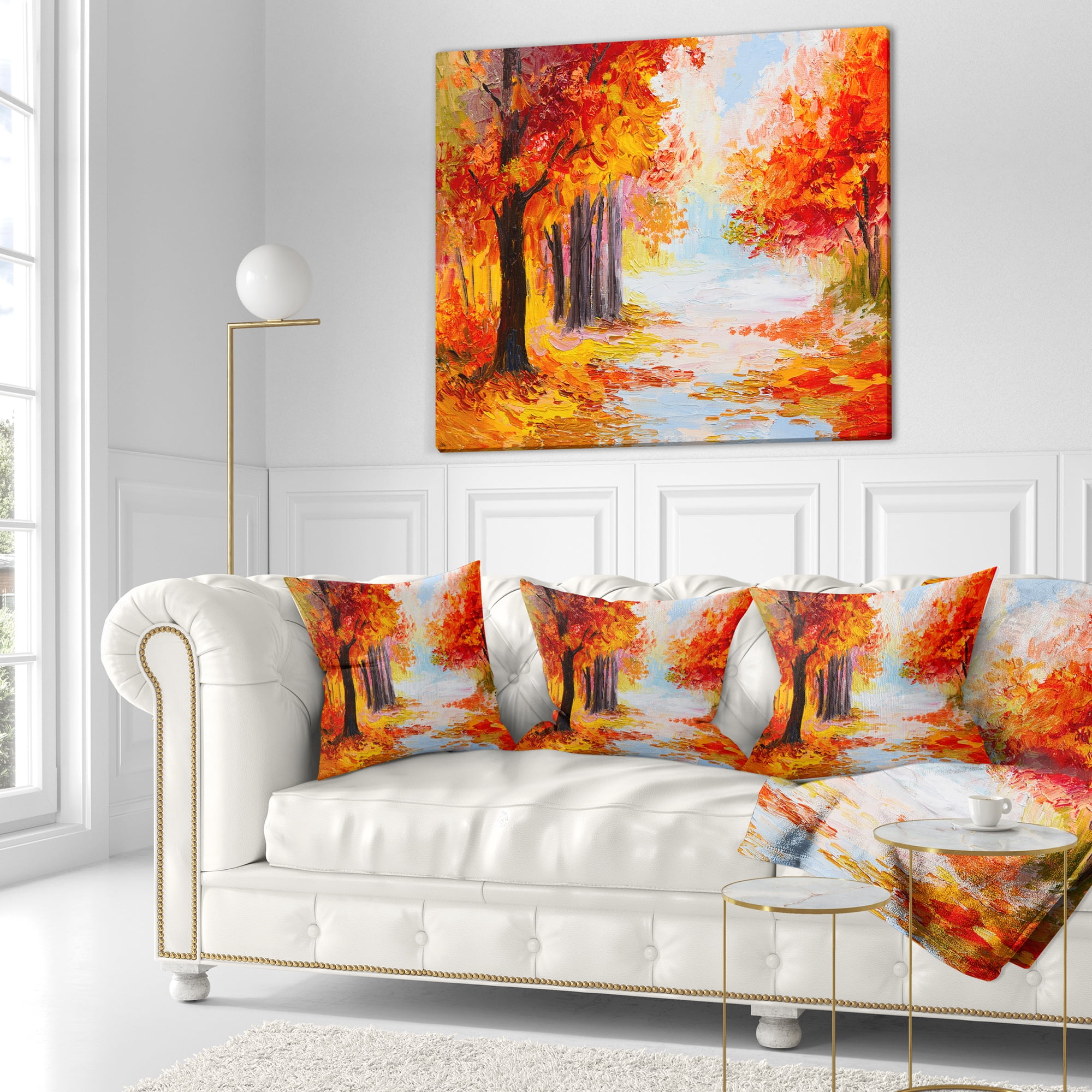 Designart Orange Forest in Autumn - Landscape Printed Throw Pillow - 18x18