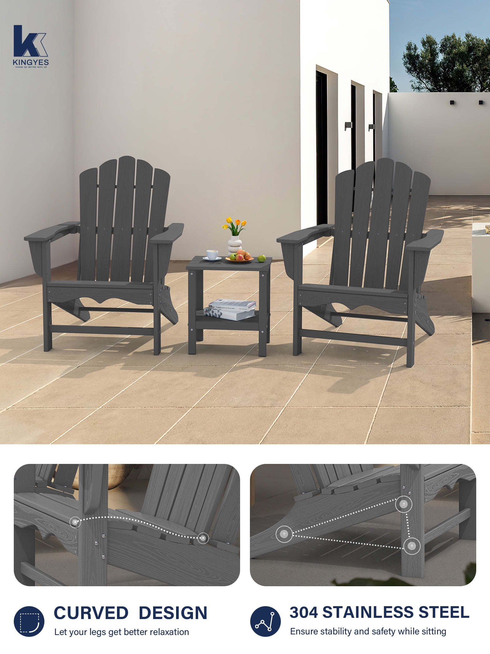 KINGYES HDPE Adirondack Chair, All-Weather Outdoor Fire Pit Chairs for Patio Deck Lawn, Grey