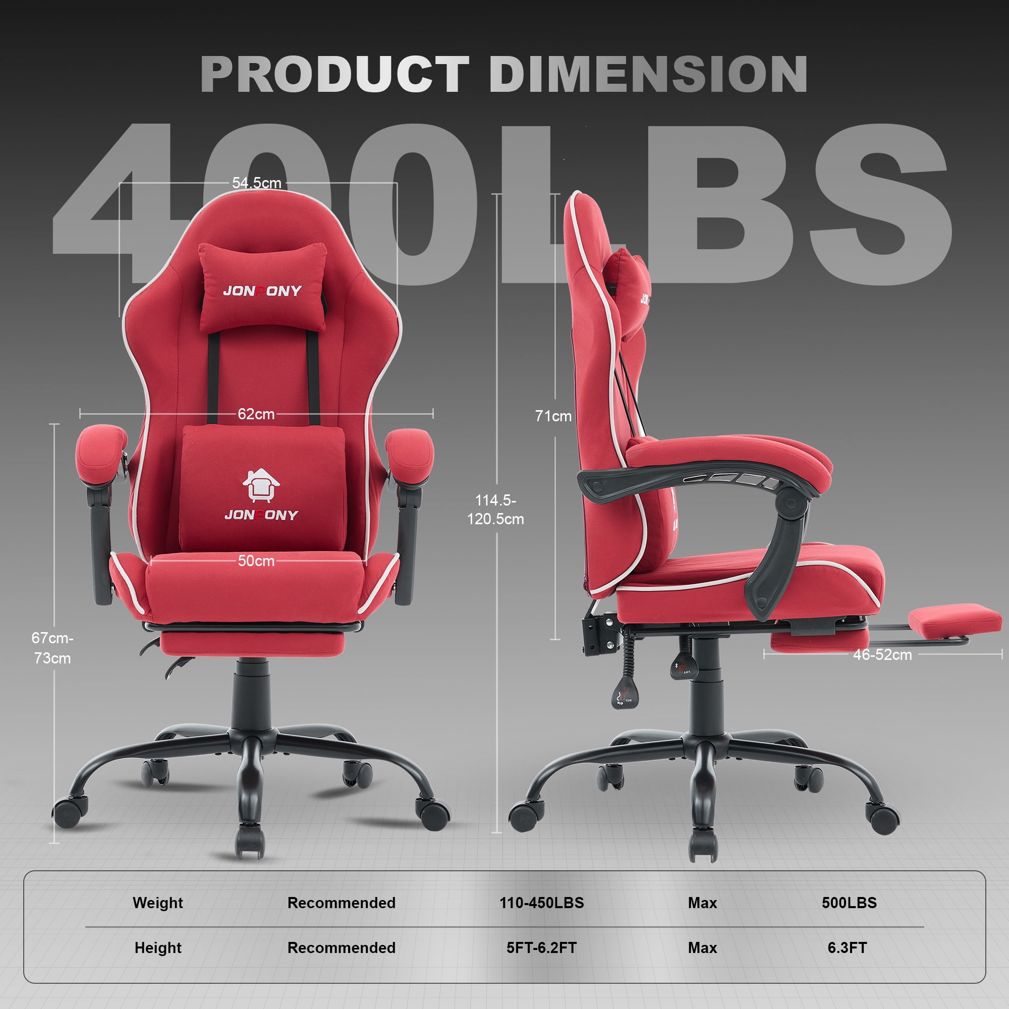 JONPONY Gaming Chair,400LBS Fabric Gamer Chair with footrest for Adults, High Back Ergonomic Computer Game Chair with Adjustable Headrest and Lumbar Support,Red
