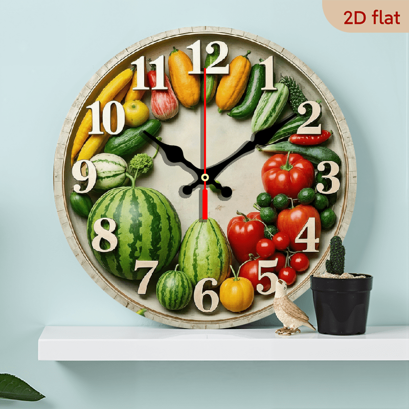2D Flat, 1pc 10Inch Round Wooden Wall Clock with Fruit Vegetable Design - Silent Non-Ticking Japanese Quartz Movement, Easy-to-Read Black Hands, Battery-Powered (AA Battery Not Included) - Kitchen