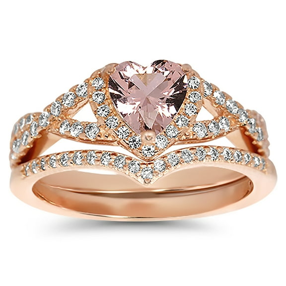LaRaso & Co 1 Carat Pink Morganite Heart CZ Wedding Ring Set 14K Rose Gold Over Sterling Silver Size 6