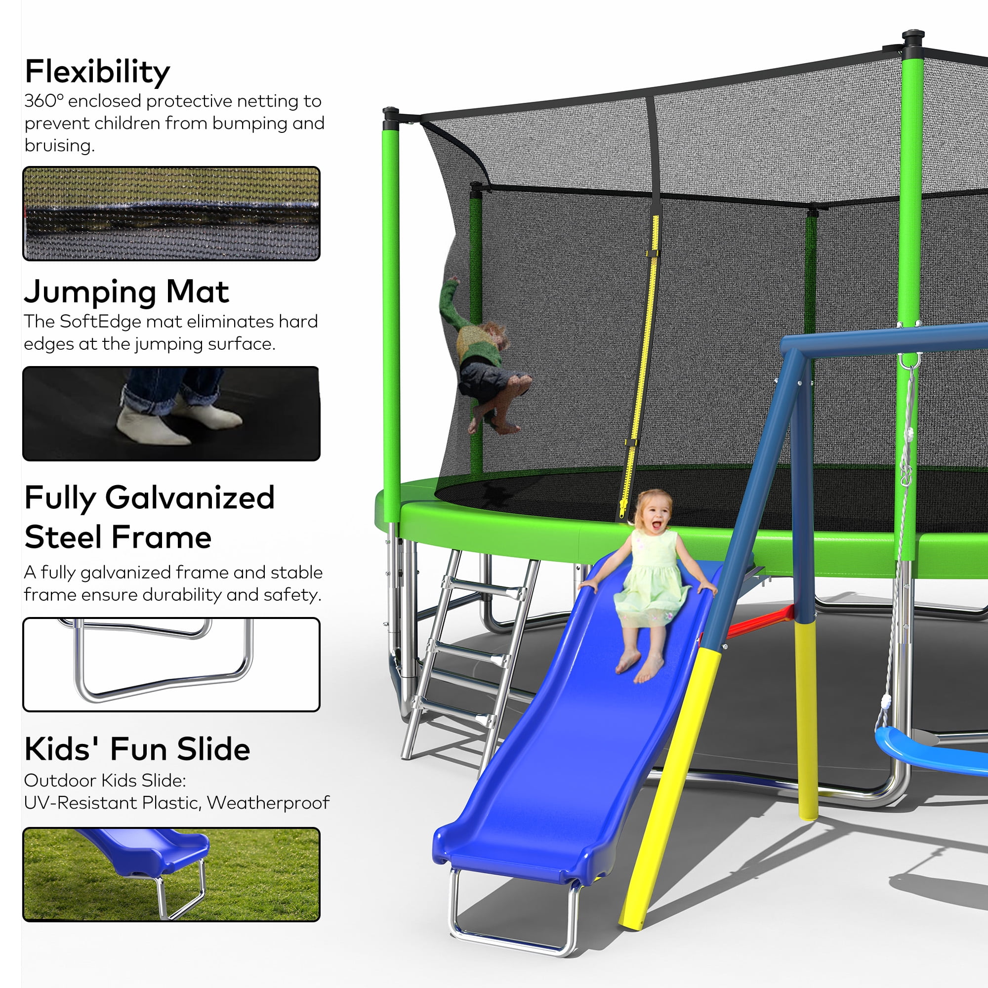 Mersco 15FT Heavy Duty Trampoline Outdoor for Backyard, with Enclosure Net , Slide and Swing Set , with Basketball Hoop,Birthday and Holiday Gifts ,Green