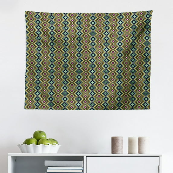 Ethnic Tapestry, Geometric Retro Ornament with Star Mandala Motifs Boho Traditional Design, Fabric Wall Hanging Decor for Bedroom Living Room Dorm, 2 Sizes, Multicolor, by Ambesonne