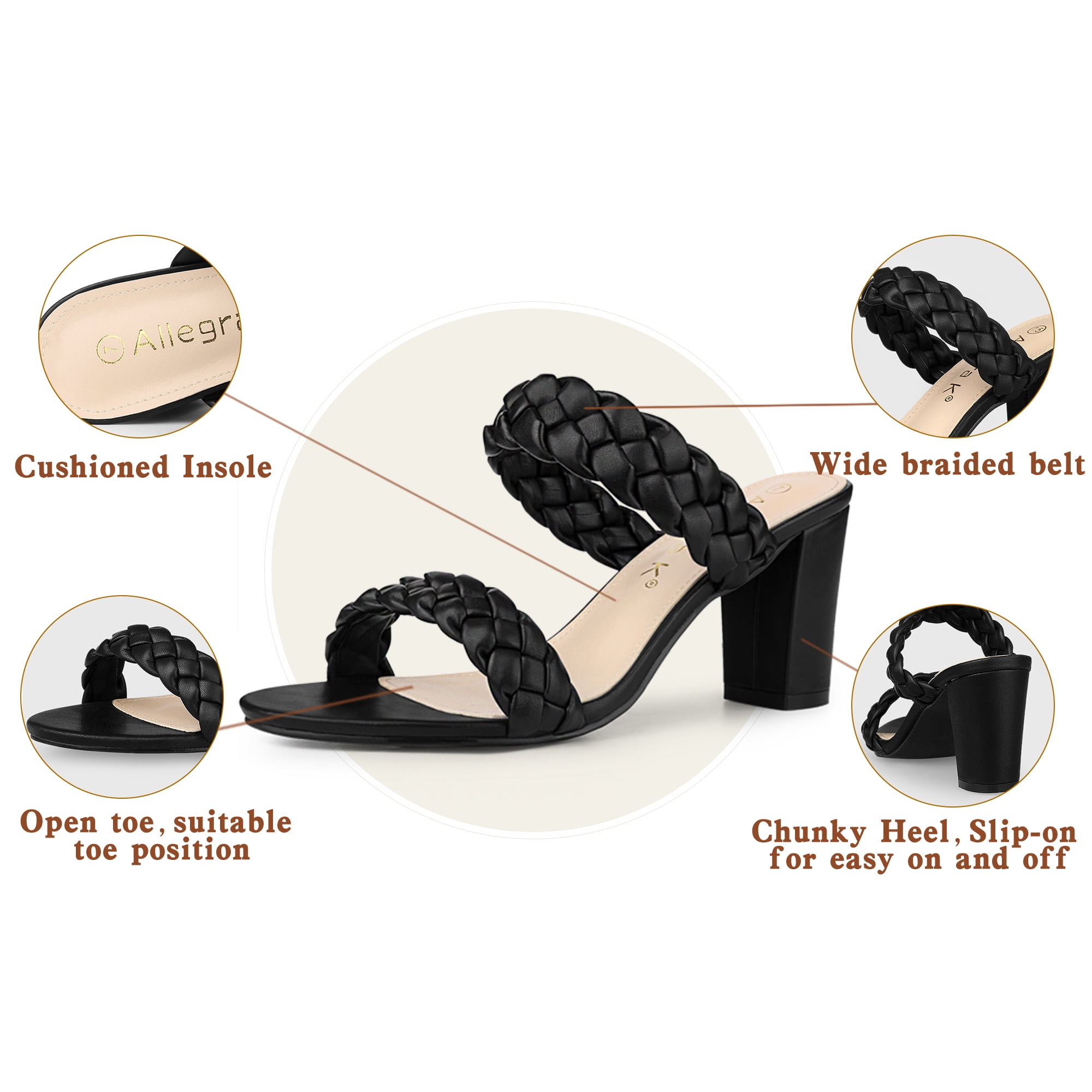 DARING DIVA Women's Braided Heeleds Slip on Chunky Heel Slides Sandals Black 6.5