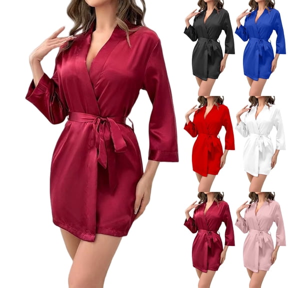 Hkoxplj Women's Satin V Neck 3/4 Sleeve Short Kimono Robe with Belt Silky Wrap Bathrobe Casual Home Loungewear Bridal Morning Gown for Bridesmaid Party Lounge Sleepwear Soft Lightweight Comfortable