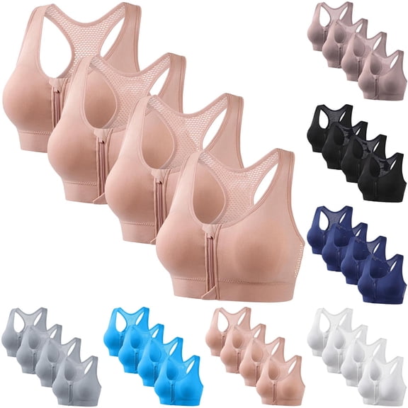GERsome Women's Zip Front Sports Bras 4 Pack Wireless Yoga Running Fitness High Support Bras Pink L