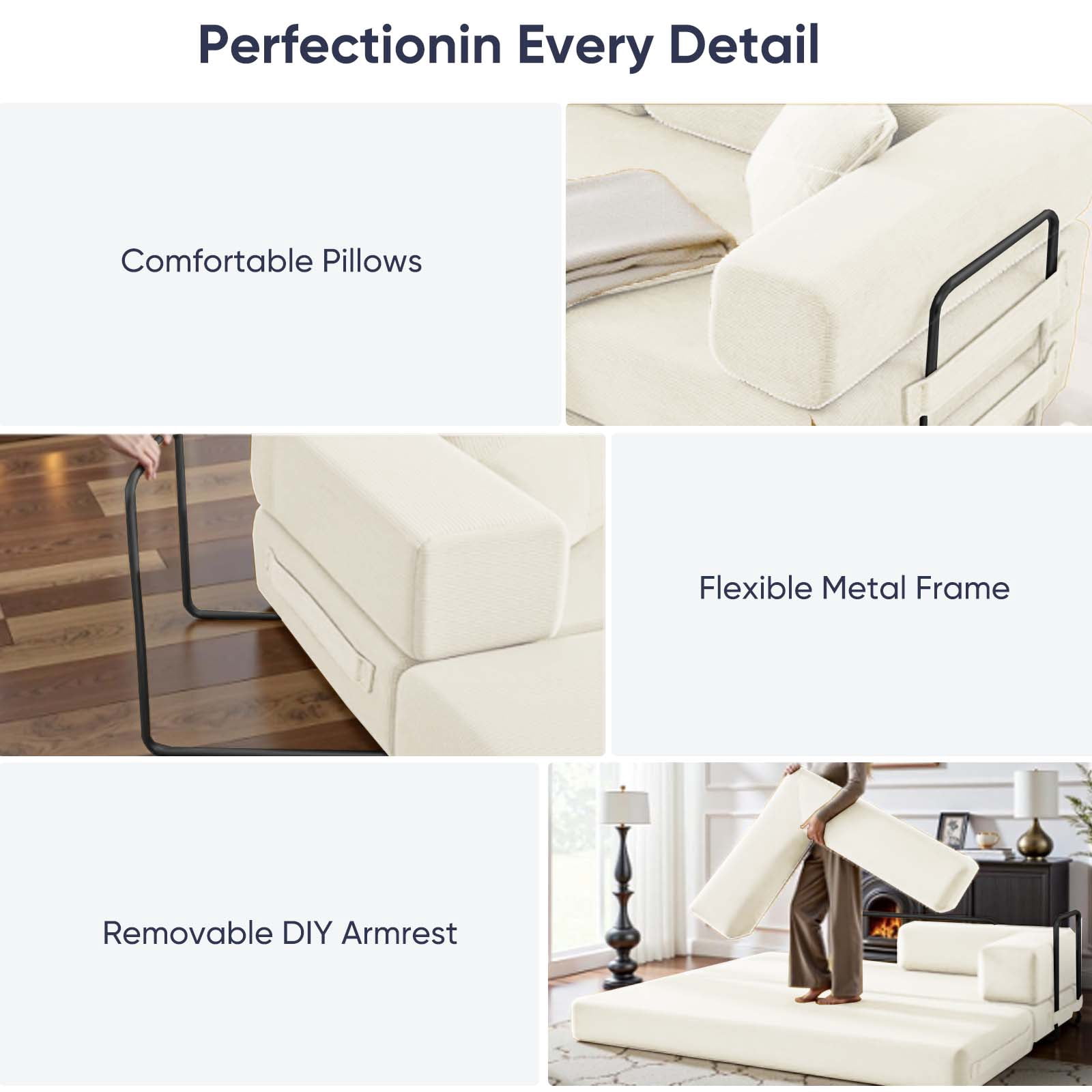 ZAFLY Convertible Sleeper Sofa Bed, Corduroy Boneless Couch with Removable Armrests, Floor Gaming Sofa for Living Room/Small Space, Beige