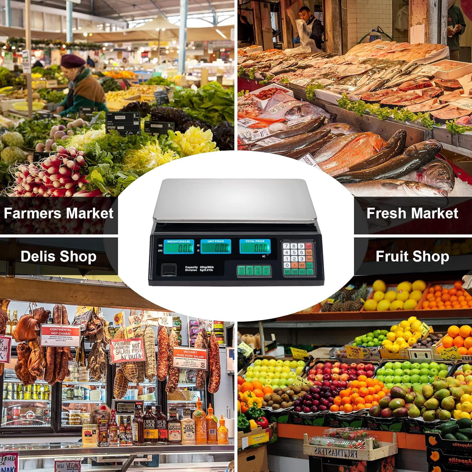 88LB 40KG Electronic Commercial Price Computing Scale with LCD Display for Retail Outlet Store, Kitchen, Restaurant Market, Farmer, Food, Meat, Fruit