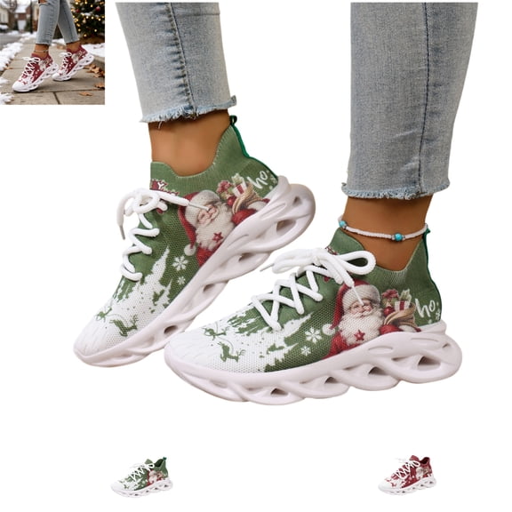 YOUYEDIAN Christmas Sneakers for Women Fashion Soft Platform Versatile Lace-up Breathable Sneakers Casual Outdoor Stretch Knit Mesh Comfortable Non Slip Sport Shoes