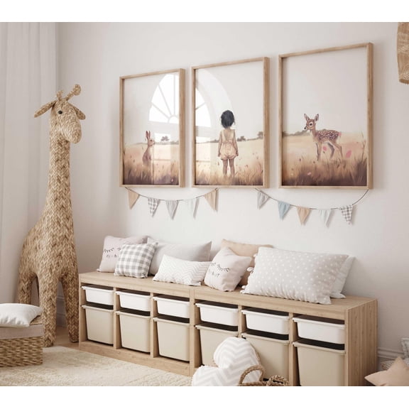 Luvia Deer Nursery Decor, Forest Animal Nursery Art, Set Of 3, Deer & Bunny, Girl'S Room Decor, Wildflowers, Girl, Modern Wall Decor Set 3 Prints 8x12 UNFRAMED