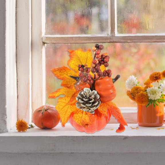 LOWLHOME Realistic Fake Pumpkins For Flower Arrangement, Sunflower Maple Leaf Berries Faux Pumpkin, Halloween Thanksgiving Fall Table Decorations (7.5in, Style G)
