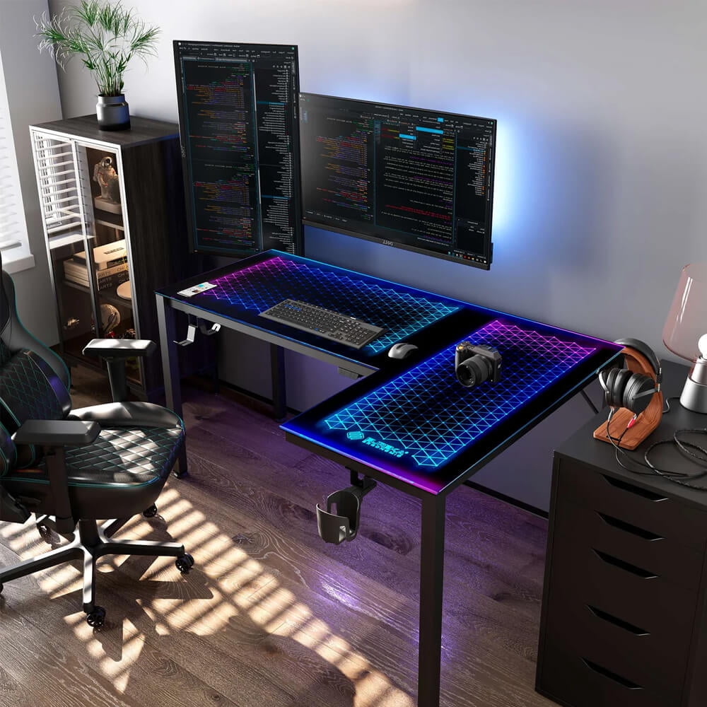 Eureka Ergonomic ERKGDL60RBUS L-Shaped Glass RGB Gaming Desk