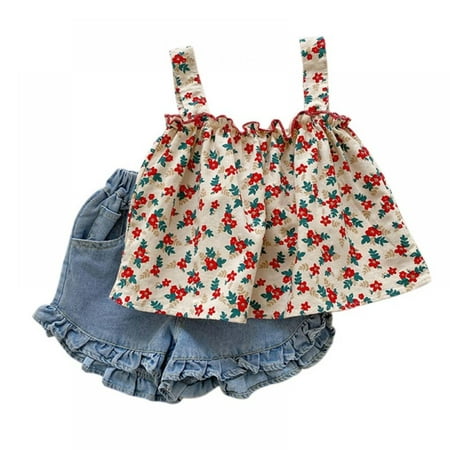 

Toddler Girls Summer Floral Suspender Top Demi Shorts Outfits Set
