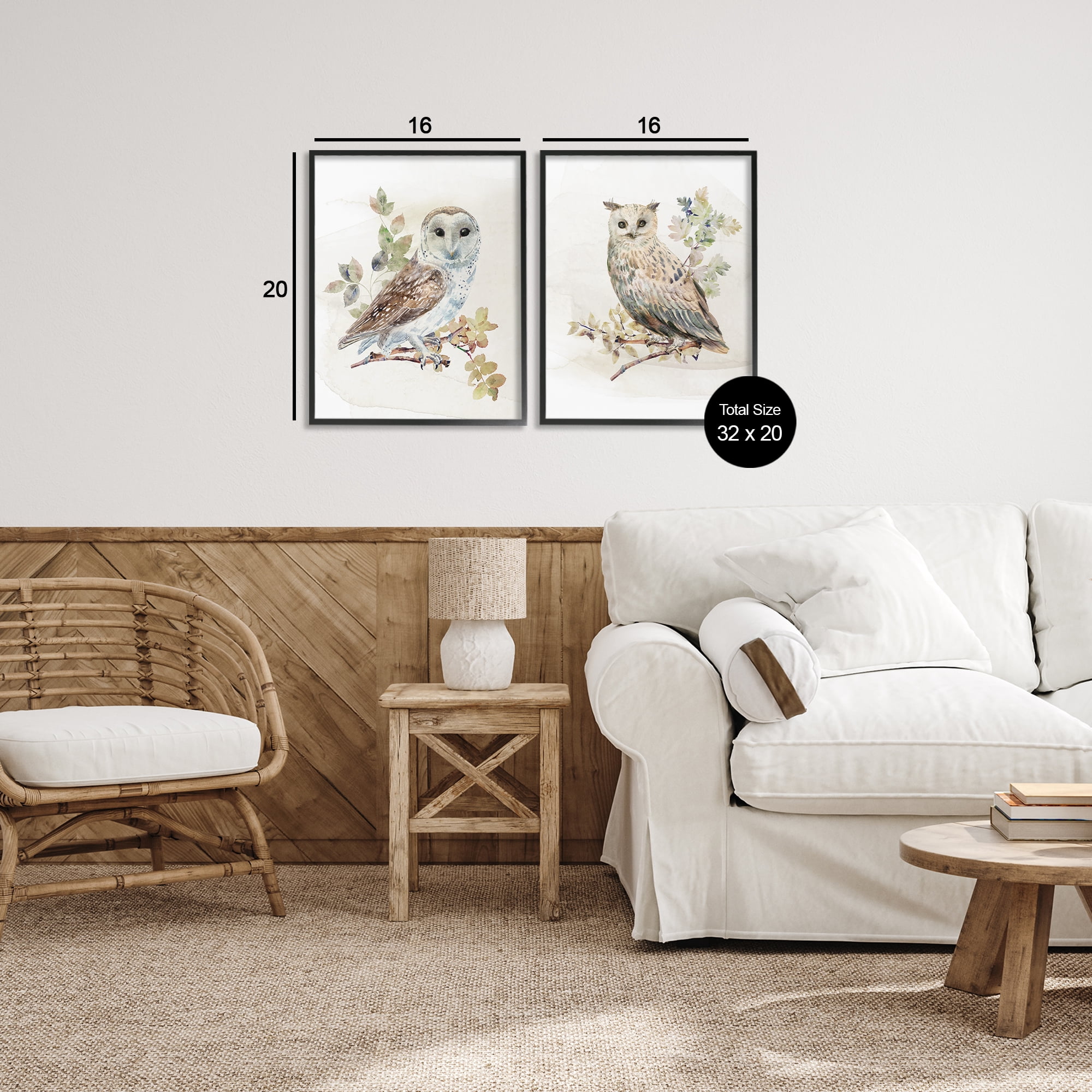 Stupell Industries Owls Perched in Foliage 2 Piece Black Framed Giclee Art Set, design by CAD Designs