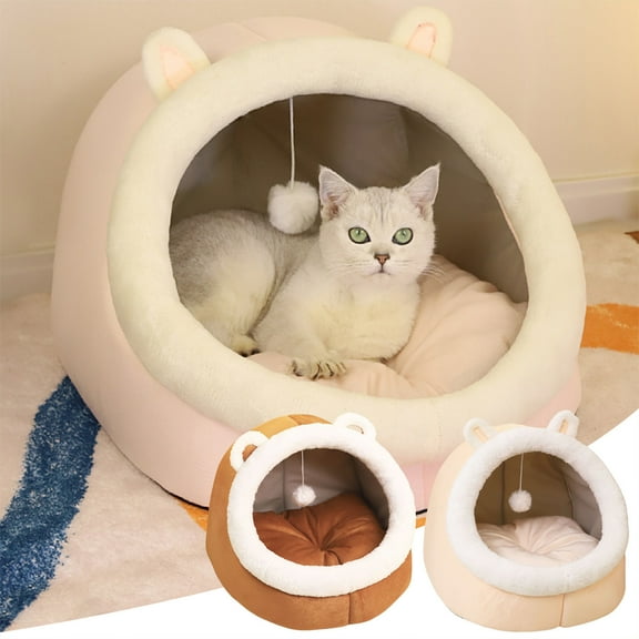 PPgejGEK Semi Enclosed Cats Bed Polyester Warm Cats Dog Bed With Built In Cushion (28x28x30 cm/11.02x11.02x11.81 in) Cat Shaped Bear-shaped Pet House for Indoor Outdoor Use