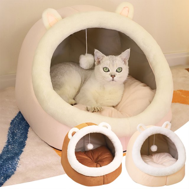 Cama Semicerrada para Gatos | Cama para Perros con Cojín Incorporado | Diseño con Forma de Gato y Oso | Cama Cálida de Poliéster para Perros y Gatos Pequeños