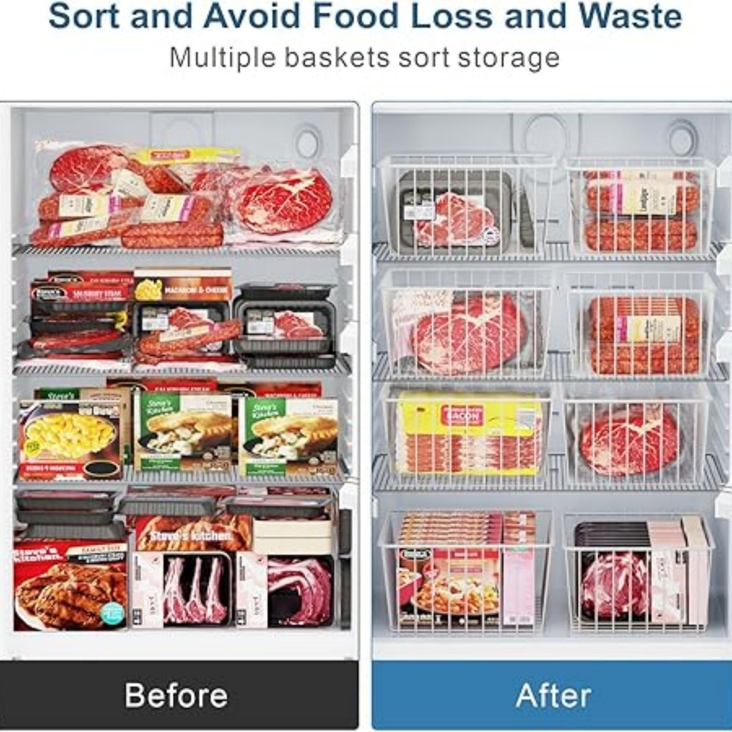 Freezer Organizer Bins - 4 Pack Upright Freezer Baskets for 16/17 / 21 Cu.Ft Stand up Freezer, Easily Get Food, Stop Food Fall out from Freezer Better Ventilation, 2 Large 2 Medium, White