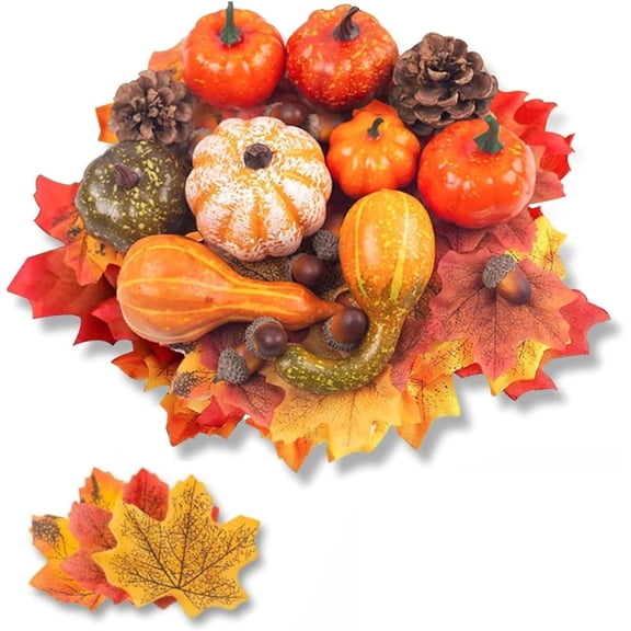 Clearance! 50 PCS Thanksgiving Artificial Pumpkins and Gourds Set - Fall Decorations for Home 8 Fake Pumpkins, 12 Pinecones and Acorns, 30 Fake Maple Leaves Ideal for Fall Halloween Table